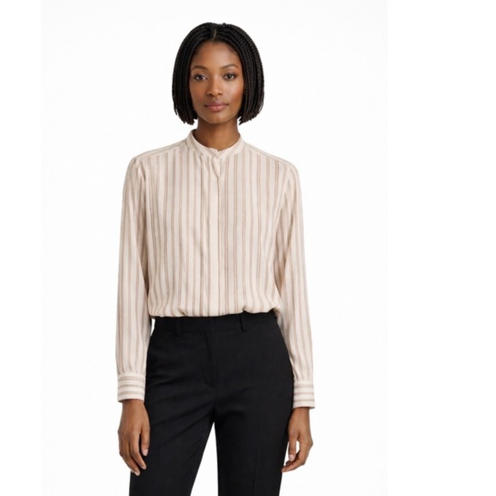 H&M Striped Band Collar Blouse Long Sleeve Button Down Shirt Tan White‎ 10 80-09